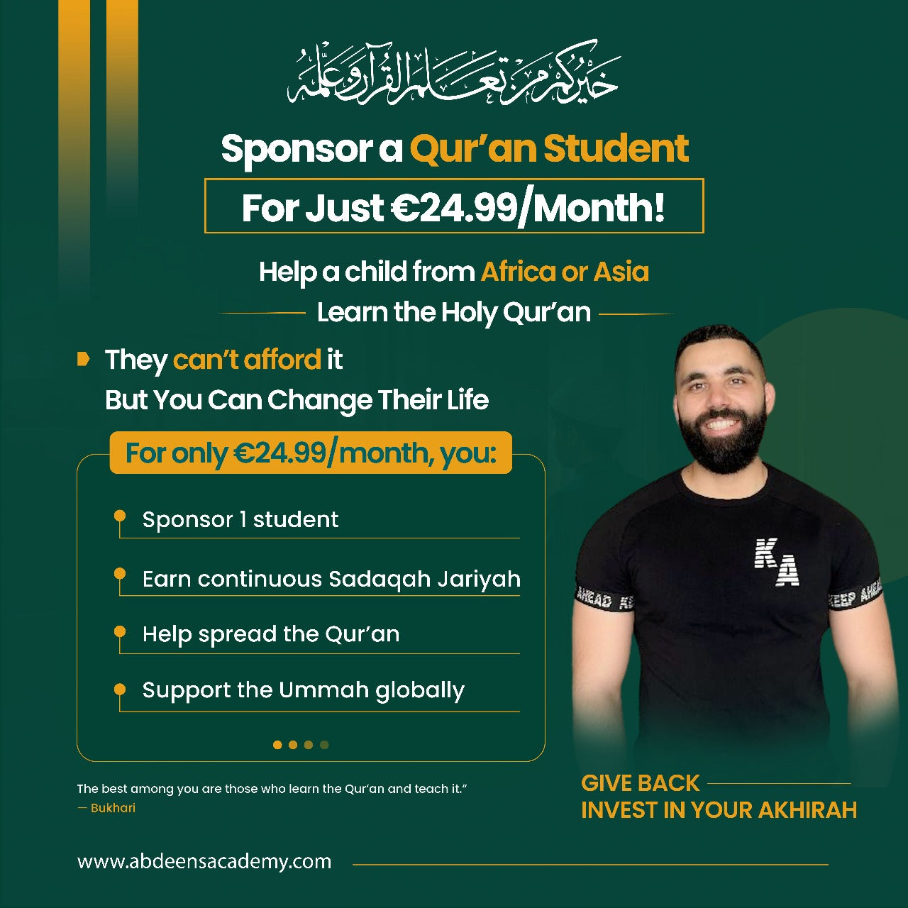 Geef een student kennis over de Koran met sponsoring